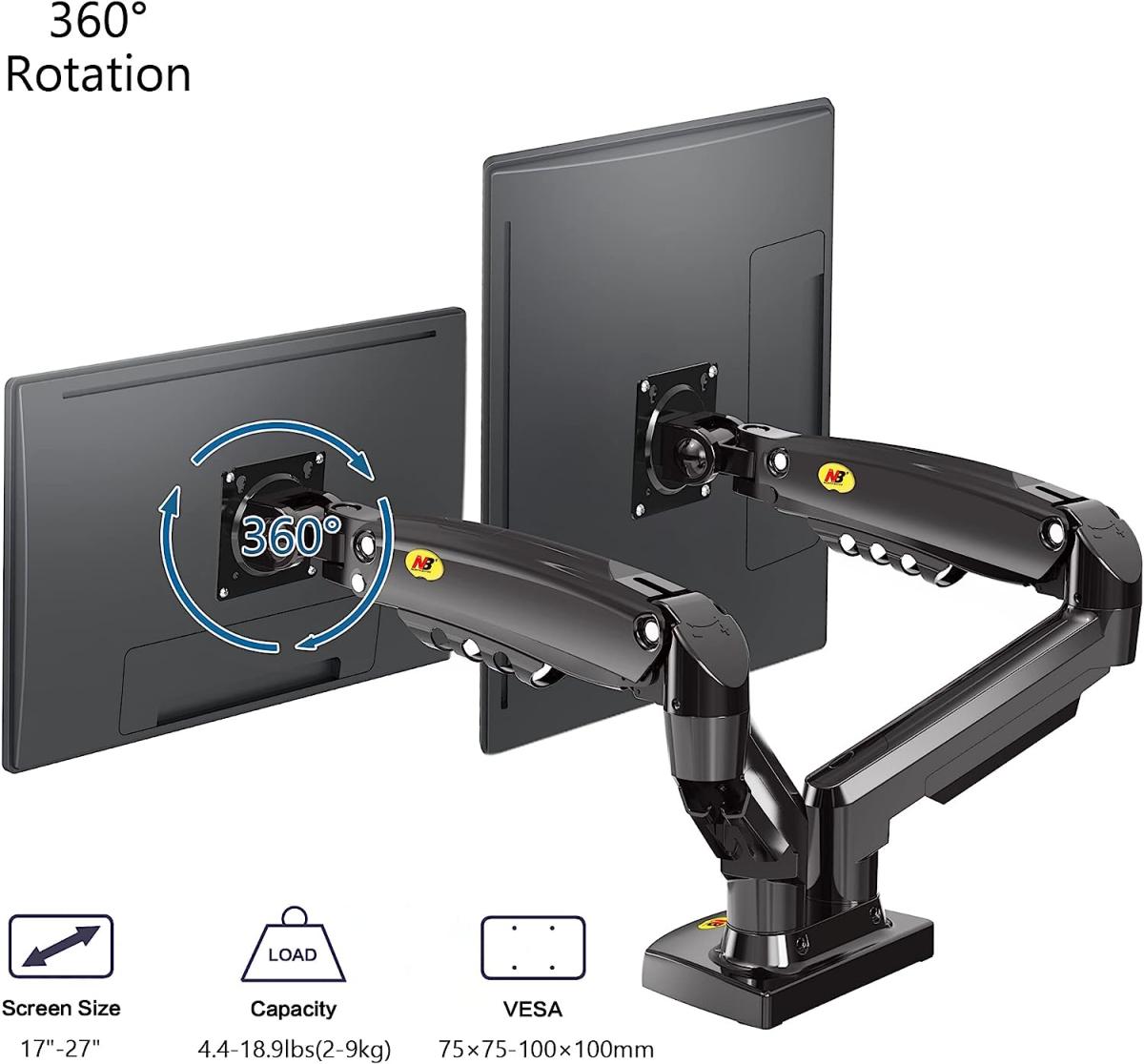 NB North Bayou F160 Dual Monitor Arm with Gas Spring for 17-27inch Monitors view 3
